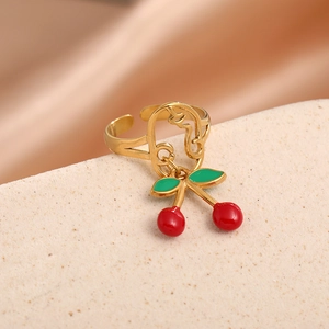 Minimalist stainless steel cherry pendant open ring with red and green enamel details