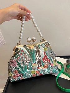 Vintage-Henkeltasche mit Blumenstickerei, Perlengriff und goldenem Verschluss