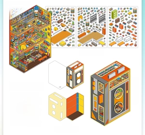 DIY record shop scene sticker set with PET material and foldable 3D display card