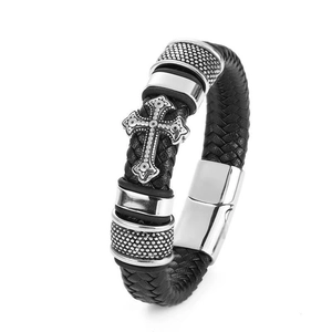 Men's retro braided black leather bracelet with a silver metal cross design on white background