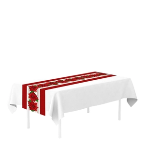 Christmas table runner with red poinsettia pattern and white hollow lace decorations