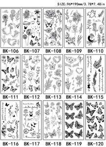 Detailed catalog showing 15 sketch floral tattoo stickers with sizes and model codes