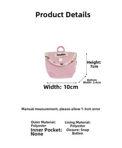 Detail view of 10x7cm pink polyester mini pouch with dimensions and floral trim accents