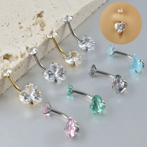 Heart Zircon Navel Ring Stainless Steel Internally Threaded Curved Bar Fashion Body Piercing Jewelry For Women