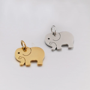 Polished stainless steel elephant pendants in gold and silver finishes with jump rings