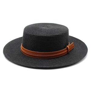Classic black flat top straw hat with brown faux leather band and silver buckle detail