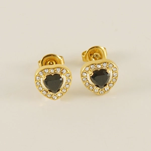 Boucles d'oreilles cœur dorées avec pierre noire centrale et halo de zircons brillants