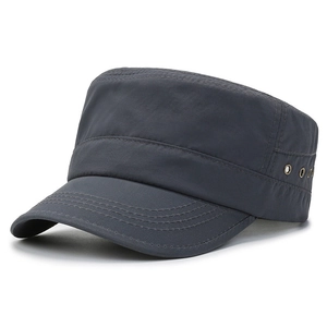 Dark grey quick-dry flat top cadet cap with metal eyelets and large brim for sun protection