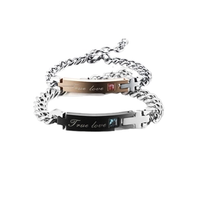 Polished stainless steel couple bracelets with True Love engraving and small crystals