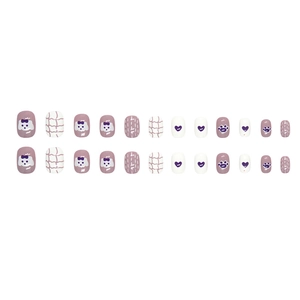 Cute taro purple and white bear heart press-on nails for kids with cartoon design