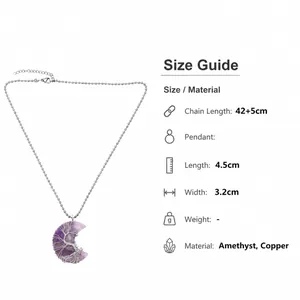 Detail of amethyst moon tree of life pendant showing 4.5cm length and wire craftsmanship