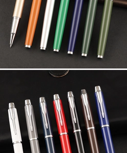 Detailed close-up of colorful metal rollerball pens showing tip and arrow clip design