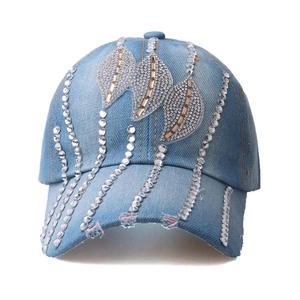 Light blue denim baseball cap with sparkling rhinestones and golden leaf patterns