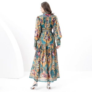 Vintage baroque print maxi dress with stand collar and lantern sleeves in deep teal