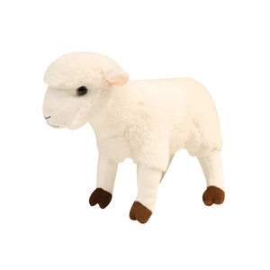 Adorable peluche de mouton blanc avec fourrure bouclée douce debout sur fond blanc