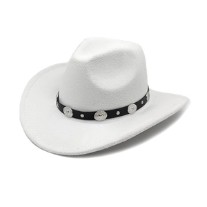 Close-up of white wool cowboy hat with black leather band and vintage silver medallions