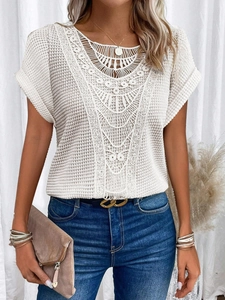 White short sleeve knit t-shirt featuring intricate lace crochet neckline and waffle texture