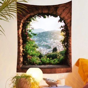 Detail of Mediterranean window view wall tapestry with warm globe lighting in a cozy room