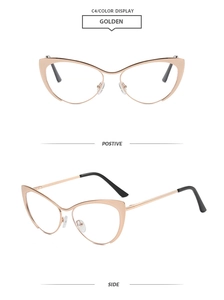 Vues détaillées de montures de lunettes œil-de-chat dorées rétro avec branches fines