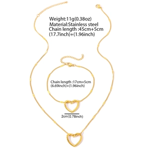 Minimalist gold stainless steel hollow heart necklace and bracelet set for women