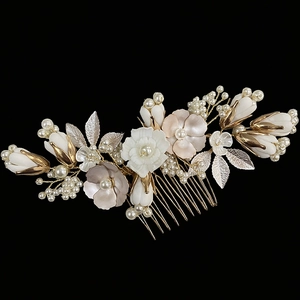 Bridal Hair Comb Ceramic Flowers Imitation Artificial Pearls Gold Alloy Leaves Wedding Party Headpiece Handmade For Women