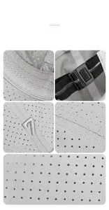 Detail of light gray breathable mesh fabric and black plastic buckle on sports cap