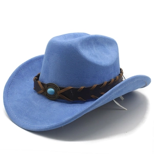 Detail of blue faux suede cowboy hat with braided brown band and turquoise stone accent