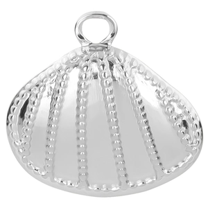 Detailed view of a silver scallop shell pendant with textured finish and hanging ring