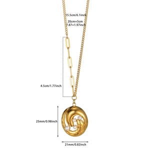 Detail view of gold stainless steel necklace dimensions showing pearl pendant and chain lengths