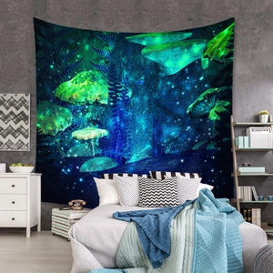 Bohemian fantasy mushroom forest tapestry as a glowing bedroom wall hanging decor