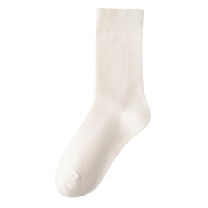Minimalist cream white cotton mid-calf socks for women featuring fine knit texture on plain background