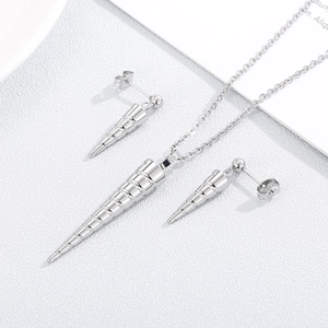 Polished stainless steel cone jewelry set featuring spiral pendant necklace and stud earrings