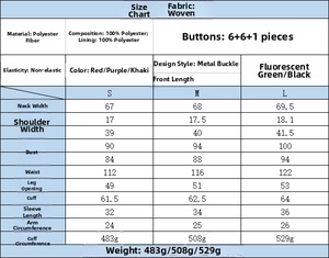 Detailed size chart for double-breasted blazer showing length and bust measurements