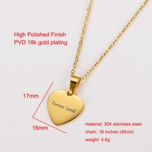 Detail of 18k gold plated heart pendant engraved with Forever Loved text and dimensions