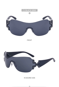 Front and 45-degree side views of Y2K rimless sunglasses with rhinestone accents