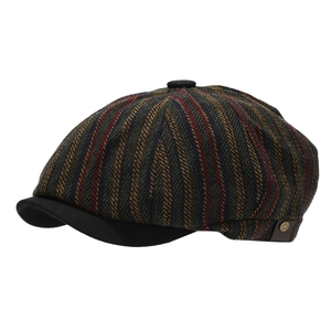 British newsboy cap in green herringbone with color stripes and black brim