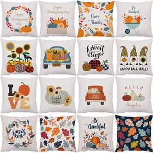 Detailed grid showing sixteen different autumn and Thanksgiving themed linen pillow covers
