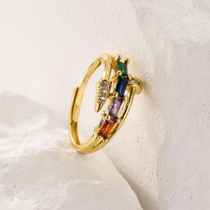 Elegant gold-plated open ring with multi-colored rectangular zircon leaf patterns