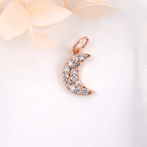 Rose gold moon pendant with white cubic zirconia for DIY jewelry making