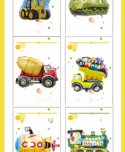 Detail view of cartoon construction vehicle foil balloons in individual retail packaging