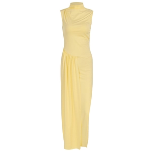 Detail of light yellow sleeveless high neck dress with asymmetric draped ruching design