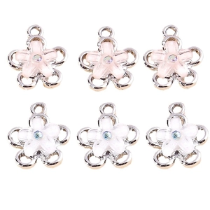 6-pack floral pendants with pink and white enamel petals and rainbow rhinestones