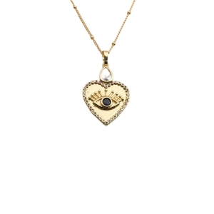 Golden heart necklace with evil eye pendant and multicolored zircon stones in white background