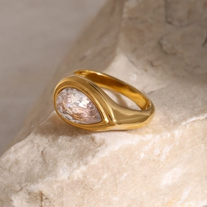 Minimalist 18k gold plated stainless steel ring with pear cut white zircon gemstone