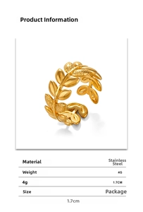 Detail view of a 4g gold stainless steel laurel leaf ring with 1.7cm diameter size