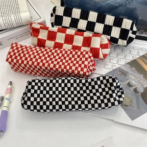 Checkboard velvet pencil case and cosmetic bag in black and red for school and makeup