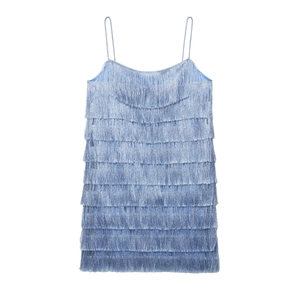 Light Blue Polyester Fringe Cami Mini Dress Sleeveless Multi Layer Tassel Spaghetti Strap Elegant Vacation Party