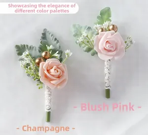 Detail of handmade champagne and blush pink wedding corsages with golden berry accents