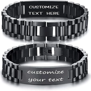 Black stainless steel men's watch link bracelet with customizable engraving plate