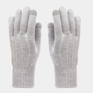 Detail of grey knitted touchscreen gloves with ribbed cuffs and winter thermal material